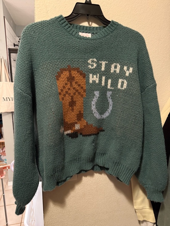 Pink Lily Sweaters - Pink Lily Teal 'Stay Wild' Crewneck Sweater with Brown Boot Graphic